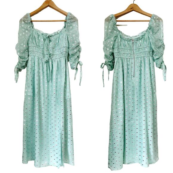 FOR LOVE & LEMONS NWT Eden Silk Metallic Hearts Midi Dress Mint Silver Size S - Picture 4 of 13